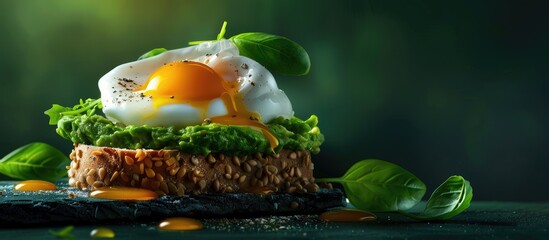 Poster - Avocado sandwich topped with a poached egg oozing yolk and fresh basil leaves on a dark green backdrop perfect for copy space image