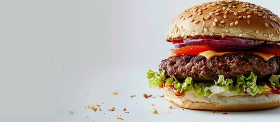 Poster - Burger with crispy chicken on a white backdrop with copy space image