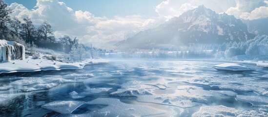 Poster - Frozen river in landscape scenery with melting ice offering a serene view with copy space image