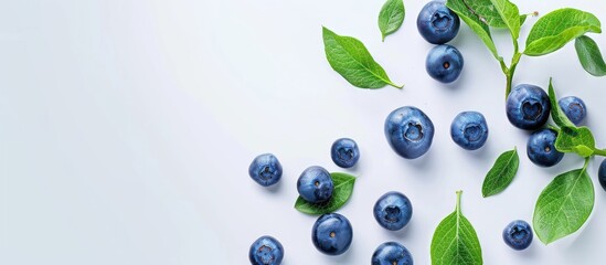 Poster - Fresh blueberries with leaves in a copy space image a nutritious ingredient against a white backdrop