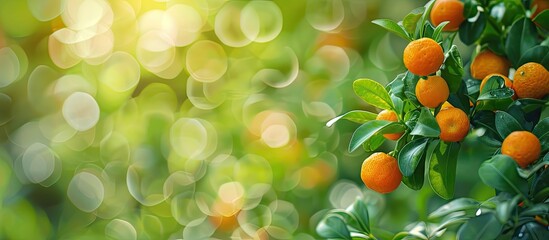 Aufkleber - In spring the garden showcases vibrant Kumquat blossoms with a background ideal for a copy space image