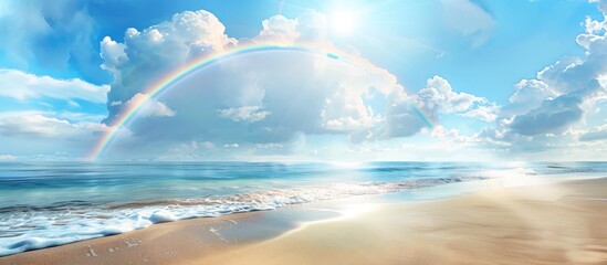 Poster - Scenic view of a rainbow over the bright sky and seaside with a copy space image