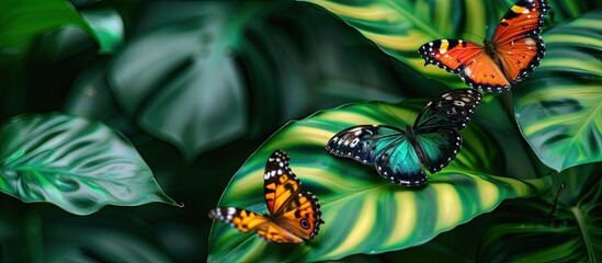 Aufkleber - In the garden colorful butterflies are resting on vibrant green leaves in a macro shot creating a beautiful copy space image