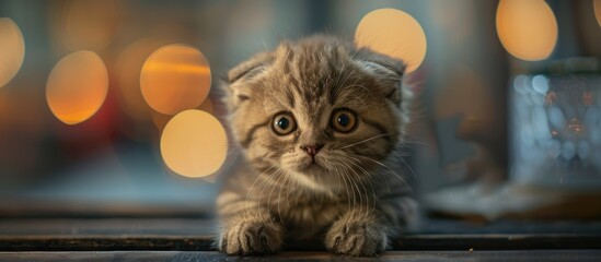 Poster - Scottish Fold kitten with fluffy fur similar to a munchkin cat shown in a photo with copy space image