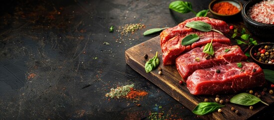 Poster - Red veal meat slices displayed on a wooden board accompanied by various spices in a copy space image