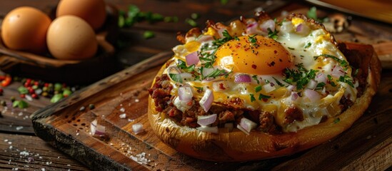 Poster - Front view of a Papa Rellena Peruvian dish on a wooden board with meat egg and onion ready to eat with copy space image
