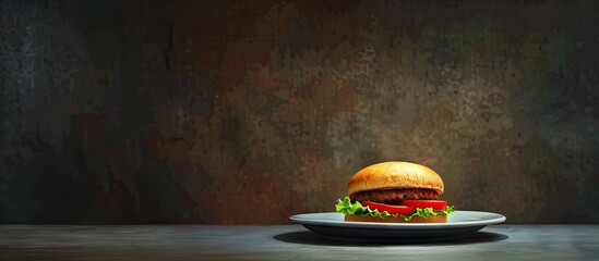 Poster - Lunch with a hamburger on a plate displaying copy space image