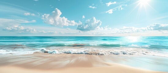 Poster - Panoramic beach landscape with a tranquil Mediterranean tropical shore seascape featuring sunny skies soft sand and a calm blue sea providing a relaxing summertime vacation backdrop with copy space i