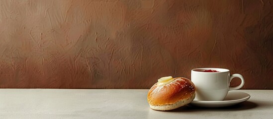 Poster - Enjoy a classic breakfast scene with a cup of coffee with milk a bun spread with butter and jam featured against a delightful copy space image
