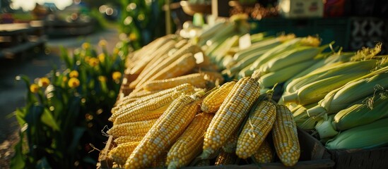 Poster - Farmers market featuring fresh sweet corn cobs with copy space image