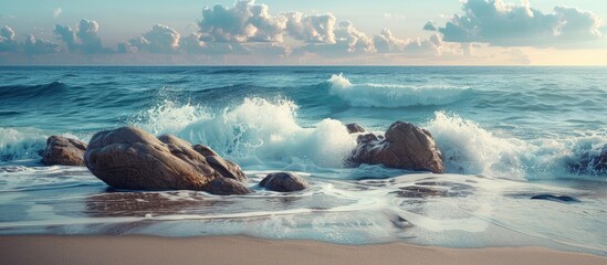 Poster - Scenic view of rocks waves and coastline on a beach with a wide copy space image