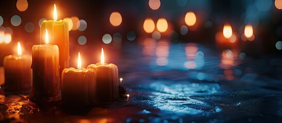 Poster - Sad memories are symbolized beautifully by dimly lit burning candles in the darkness in a copy space image