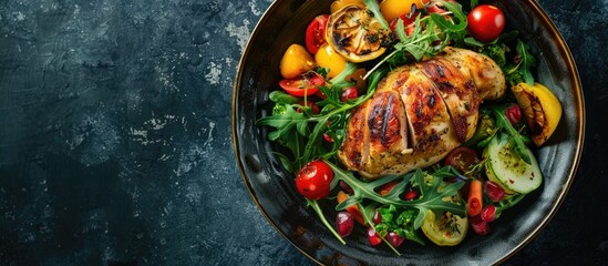Aufkleber - A delicious dish comprising roasted chicken fillet served with assorted vegetables displayed in a copy space image