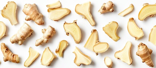 Aufkleber - Chopped ginger root pieces set against a white backdrop with a clipping path for the copy space image