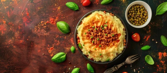 Poster - A dish consisting of breadcrumbs coated minced meat mashed potatoes and vegetables all beautifully arranged in a copy space image