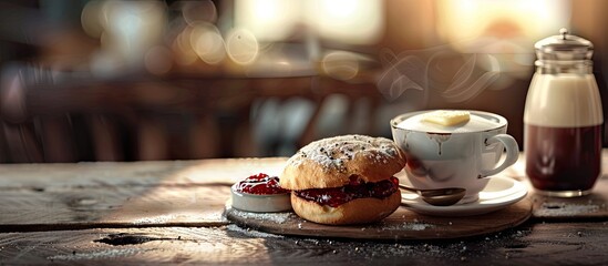 Poster - Enjoy a classic breakfast scene with a cup of coffee with milk a bun spread with butter and jam featured against a delightful copy space image