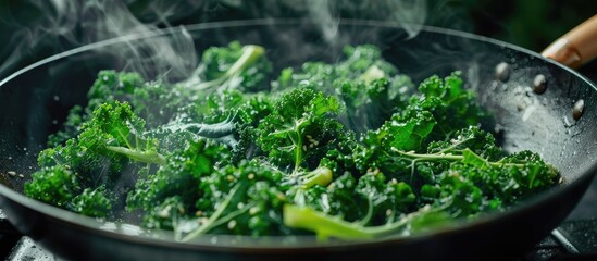 A close up image of simmered kale in a pan on an Asian style rural charcoal stove with copy space image