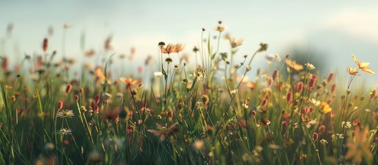 Poster - Selective focus captured on wild grass flowers in a field with a Pennabilli background creating a picturesque copy space image
