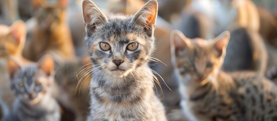 Poster - Stray gray cat among domestic pets mammals in a copy space image