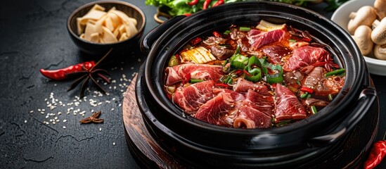 Aufkleber - Chinese hot pot with beef slices against a blank background creating copy space image