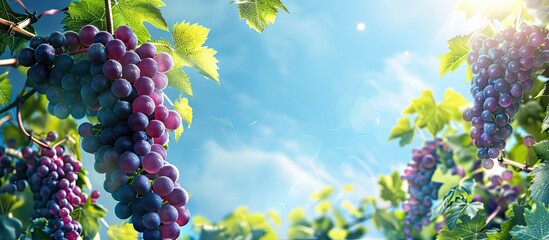 Poster - Grapes growing on vine in vineyard against a blue sky with copy space image
