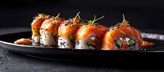Poster - Salmon sushi roll placed on a sleek black plate with ample copy space image for presentation