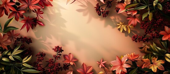 Aufkleber - A detailed view showing flowers and fresh maple leaves against a backdrop of a blank space for image placement. . image with copy space