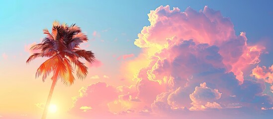 Poster - Sunrise silhouette of a sugar palm tree with clouds creates a beautiful color effect in the sky ideal for a copy space image