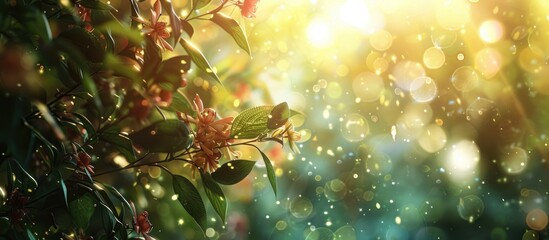 Poster - Bokeh adds soft focus to a nature inspired background with plants and flowers providing a blurred effect for your copy space image