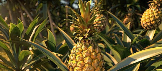 Poster - Pineapple plants in a garden with a tropical fruit growing having copy space image to enhance visuals
