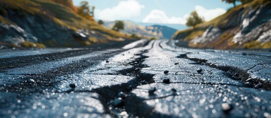 Poster - After road repair you can see heaps of aged asphalt with ample copy space in the image