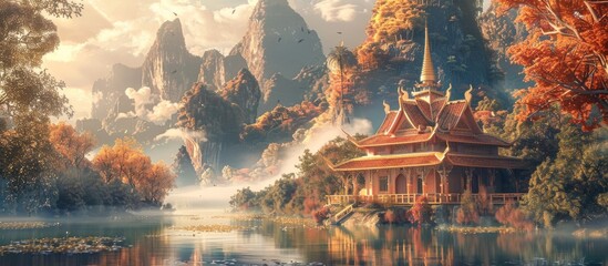 Poster - Scenic temple surrounded by beautiful natural landscape with copy space image