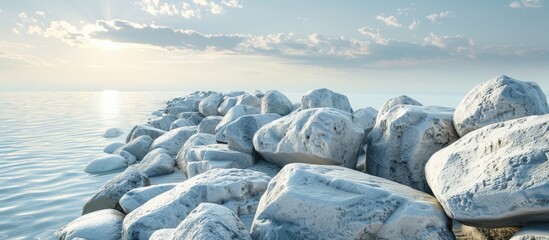 Poster - Breakwater stones act as a protective barrier against beach erosion creating a serene coastal environment with a captivating copy space image