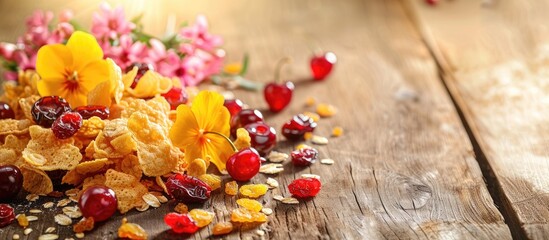 Poster - Cornflakes with various toppings like flowers caramel cherries raisins and dried fruits displayed on a wooden surface with copy space image