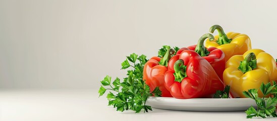 Poster - Colorful bell peppers garnished with fresh parsley on a white background in a copy space image
