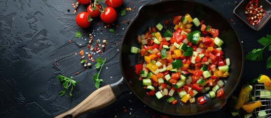 Poster - Sauteing chopped veggies in a skillet with copy space image