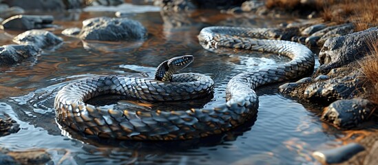 Poster - A lengthy serpent winding through the water and rocks with an empty space for text or graphics in the background often used for design and creative purposes. . image with copy space