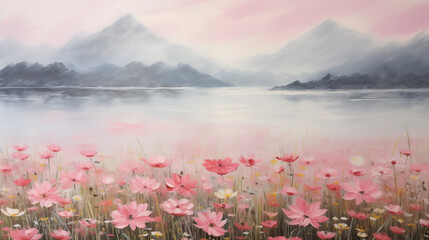 Wall Mural - Summer landscape with pink flowers and misty mountains at dawn