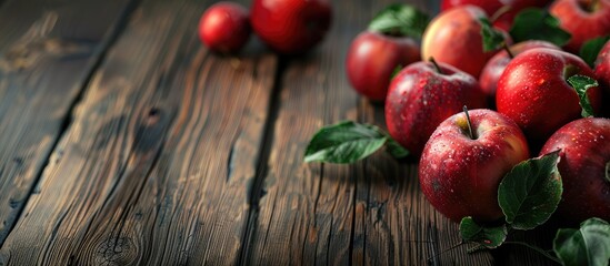 Poster - Red ripe apples with leaves arranged on a wooden table with space for text or images. . image with copy space