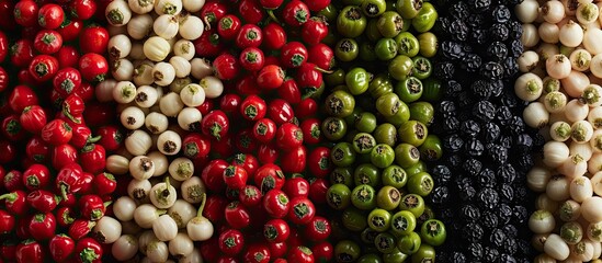 Poster - Various colors of pepper red white green and black presented in one cohesive copy space image
