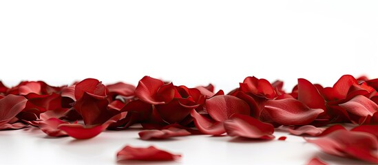 Aufkleber - Red rose petals on a white backdrop create a stunning image with copy space perfect for a vibrant romantic wedding card or elegant floral decorations