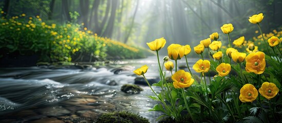 Poster - Ranunculus flowers in yellow bloom by a forest river with copy space image
