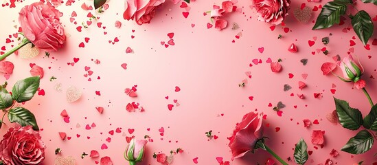 Poster - Valentine s Day background with a frame composed of rose flowers and confetti on a pink backdrop ideal for featuring copy space image
