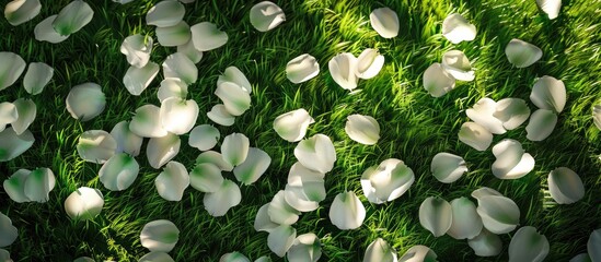 Poster - Rose petals in white spread on vibrant green grass creating a picturesque copy space image