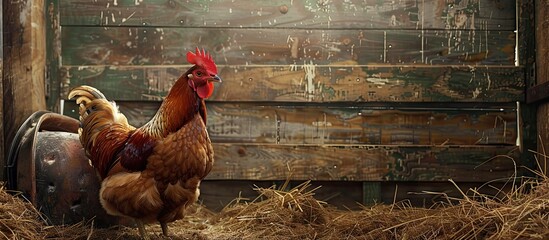 colorful hen in the farm s hen house with a copy space image