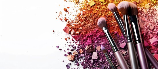 Poster - Make up brushes and crushed eyeshadows arranged neatly on a white background creating a visually appealing copy space image