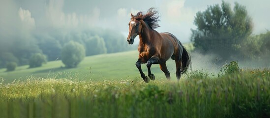 Poster - Beautiful horse galloping across a lush green field with copy space image