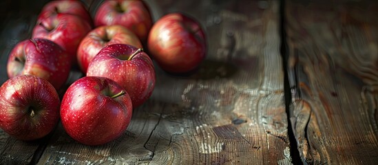 Poster - Apples with a red hue arranged on a rustic wooden table with copy space image