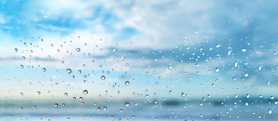 Poster - Blurred blue sky seen through raindrop covered glass presenting a serene copy space image