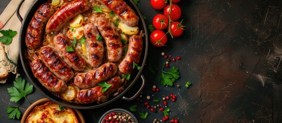 Poster - Delicious village fare includes homemade pork sausage and potato gratin copy space image